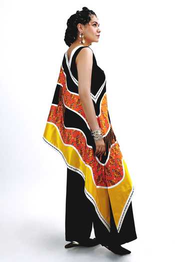 Saim Black Silk One Shoulder, Scoop Neck Tassel Wave Jacket Set Online at Aza Fashions Saim_Black Silk One Shoulder, Scoop Neck Tassel Wave Jacket Set _Online_at_Aza_Fashions