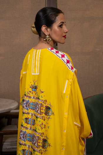 Shop Saim Yellow Silk Round Neck Deconstructed Buttons Kaftan And Trouser Set Online at Aza Fashions Shop_Saim_Yellow Silk Round Neck Deconstructed Buttons Kaftan And Trouser Set _Online_at_Aza_Fashions