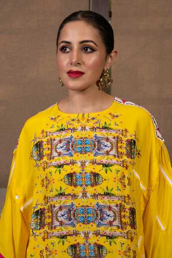 Saim Yellow Silk Round Neck Deconstructed Buttons Kaftan And Trouser Set at Aza Fashions Saim_Yellow Silk Round Neck Deconstructed Buttons Kaftan And Trouser Set _at_Aza_Fashions