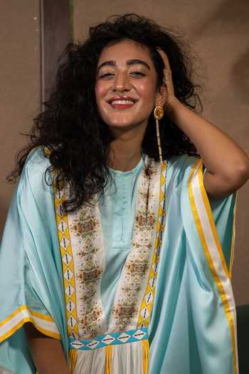 Buy Saim Sky Blue Silk, Satin Round Neck Dupatta Draped Kaftan And Trouser Set Online at Aza Fashions Buy_Saim_Sky Blue Silk, Satin Round Neck Dupatta Draped Kaftan And Trouser Set _Online_at_Aza_Fashions