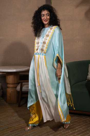 Shop Saim Sky Blue Silk, Satin Round Neck Dupatta Draped Kaftan And Trouser Set Online at Aza Fashions Shop_Saim_Sky Blue Silk, Satin Round Neck Dupatta Draped Kaftan And Trouser Set _Online_at_Aza_Fashions