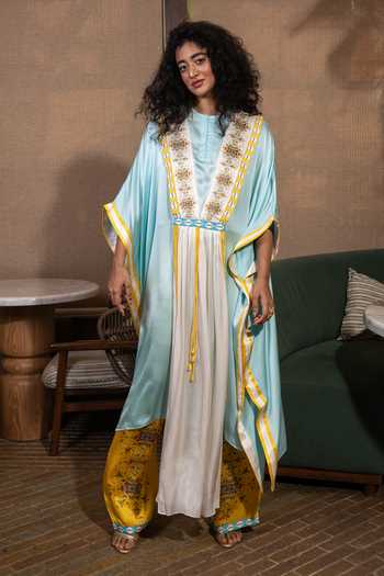 Saim Sky Blue Silk, Satin Round Neck Dupatta Draped Kaftan And Trouser Set at Aza Fashions Saim_Sky Blue Silk, Satin Round Neck Dupatta Draped Kaftan And Trouser Set _at_Aza_Fashions