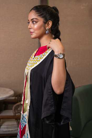Buy Saim Black Silk, Satin Round Neck Patchwork Cowled Kaftan And Skirt Set Online at Aza Fashions Buy_Saim_Black Silk, Satin Round Neck Patchwork Cowled Kaftan And Skirt Set _Online_at_Aza_Fashions
