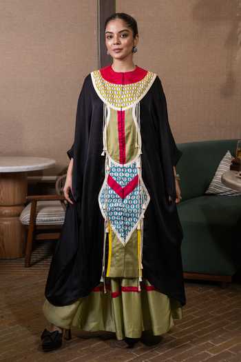 Shop Saim Black Silk, Satin Round Neck Patchwork Cowled Kaftan And Skirt Set Online at Aza Fashions Shop_Saim_Black Silk, Satin Round Neck Patchwork Cowled Kaftan And Skirt Set _Online_at_Aza_Fashions