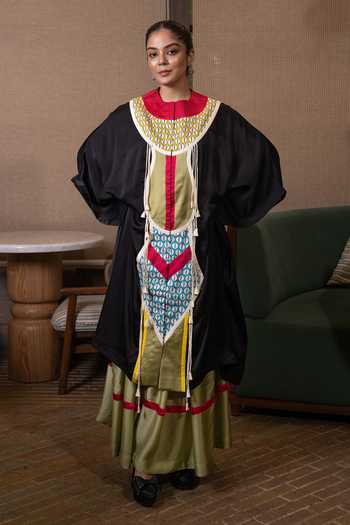 Saim Satin Silk Patchwork Cowled Kaftan & Skirt Set 