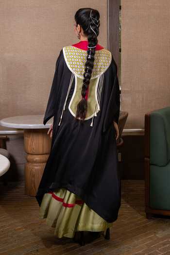 Saim Satin Silk Patchwork Cowled Kaftan & Skirt Set 