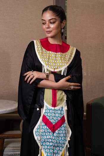Saim Black Silk, Satin Round Neck Patchwork Cowled Kaftan And Skirt Set at Aza Fashions Saim_Black Silk, Satin Round Neck Patchwork Cowled Kaftan And Skirt Set _at_Aza_Fashions
