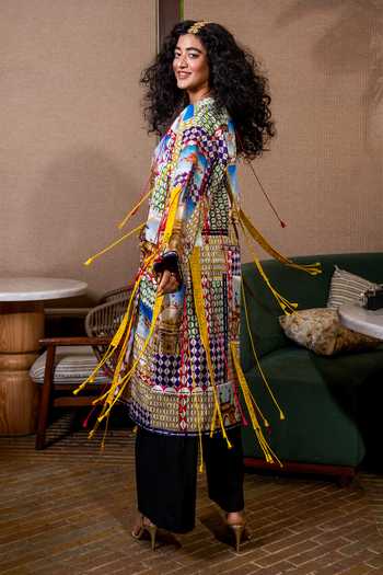 Shop Saim Multi Color Silk, Satin Collared Neck India Patchwork Jacket Online at Aza Fashions Shop_Saim_Multi Color Silk, Satin Collared Neck India Patchwork Jacket _Online_at_Aza_Fashions