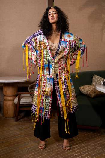 Shop Saim Multi Color Silk, Satin Collared Neck India Patchwork Jacket Shop_Saim_Multi Color Silk, Satin Collared Neck India Patchwork Jacket