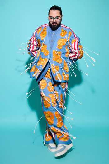 Saim Blue Denim, Satin, Silk V-neck Amoeba Fringed Jacket And Trouser Set Online at Aza Fashions Saim_Blue Denim, Satin, Silk V-neck Amoeba Fringed Jacket And Trouser Set _Online_at_Aza_Fashions
