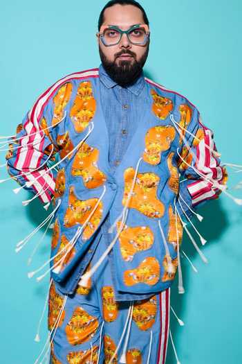 Buy Saim Blue Denim, Satin, Silk V-neck Amoeba Fringed Jacket And Trouser Set Online at Aza Fashions Buy_Saim_Blue Denim, Satin, Silk V-neck Amoeba Fringed Jacket And Trouser Set _Online_at_Aza_Fashions