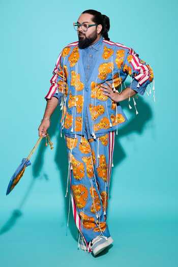 Saim Blue Denim, Satin, Silk V-neck Amoeba Fringed Jacket And Trouser Set at Aza Fashions Saim_Blue Denim, Satin, Silk V-neck Amoeba Fringed Jacket And Trouser Set _at_Aza_Fashions