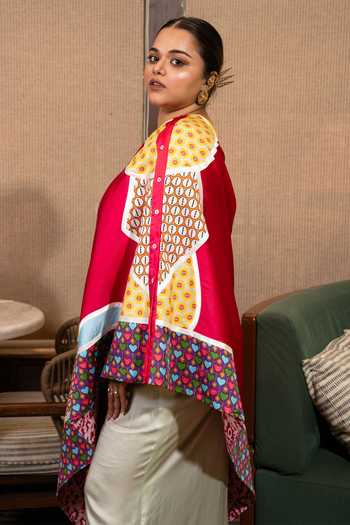Saim Pink Silk One Shoulder Buttons Patchwork Top With Skirt Online at Aza Fashions Saim_Pink Silk One Shoulder Buttons Patchwork Top With Skirt _Online_at_Aza_Fashions