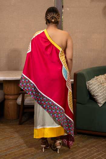 Saim Buttons Patchwork One Shoulder Top With Skirt 