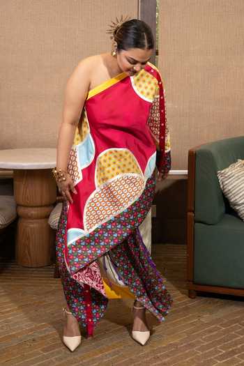 Buy Saim Pink Silk One Shoulder Buttons Patchwork Top With Skirt Online at Aza Fashions Buy_Saim_Pink Silk One Shoulder Buttons Patchwork Top With Skirt _Online_at_Aza_Fashions