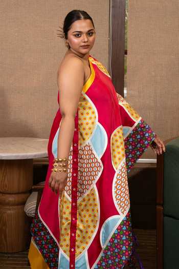 Shop Saim Pink Silk One Shoulder Buttons Patchwork Top With Skirt Online at Aza Fashions Shop_Saim_Pink Silk One Shoulder Buttons Patchwork Top With Skirt _Online_at_Aza_Fashions