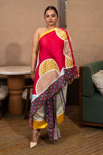 Saim Buttons Patchwork One Shoulder Top With Skirt 