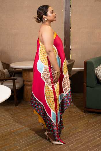 Saim Pink Silk One Shoulder Buttons Patchwork Top With Skirt at Aza Fashions Saim_Pink Silk One Shoulder Buttons Patchwork Top With Skirt _at_Aza_Fashions