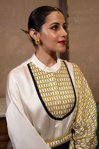 Saim_Off White Silk, Satin, Dupion Mandarin Collar Cross Draped Skirt Set _Online_at_Aza_Fashions