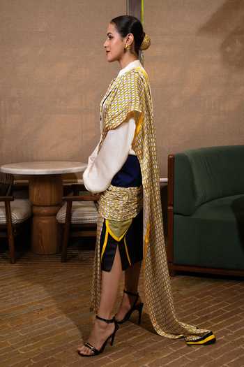 Buy_Saim_Off White Silk, Satin, Dupion Mandarin Collar Cross Draped Skirt Set _Online_at_Aza_Fashions