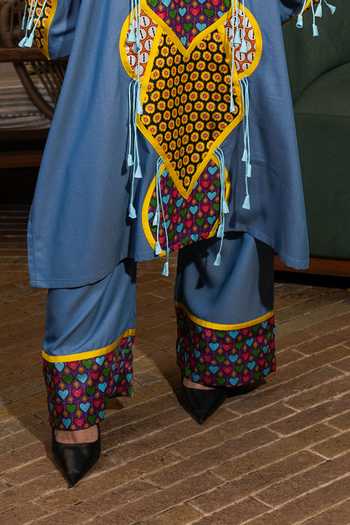Saim_Blue Silk, Denim Round Neck Yoke Patchwork Kurta And Trouser Set _Online_at_Aza_Fashions