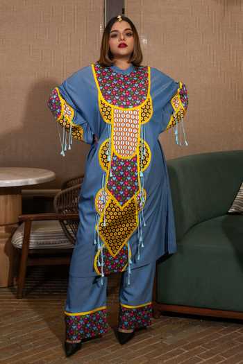 Buy_Saim_Blue Silk, Denim Round Neck Yoke Patchwork Kurta And Trouser Set _Online_at_Aza_Fashions