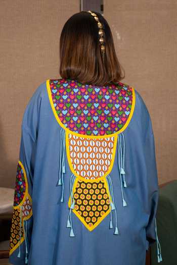 Shop_Saim_Blue Silk, Denim Round Neck Yoke Patchwork Kurta And Trouser Set _Online_at_Aza_Fashions