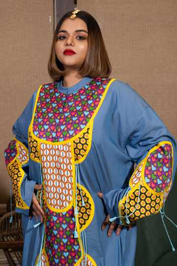 Saim_Blue Silk, Denim Round Neck Yoke Patchwork Kurta And Trouser Set _at_Aza_Fashions