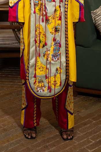 Saim Yellow Silk Mandarin Collar Amoeba Fringed Kurta And Trouser Set Online at Aza Fashions Saim_Yellow Silk Mandarin Collar Amoeba Fringed Kurta And Trouser Set _Online_at_Aza_Fashions