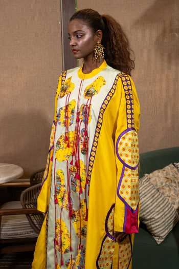Buy Saim Yellow Silk Mandarin Collar Amoeba Fringed Kurta And Trouser Set Online at Aza Fashions Buy_Saim_Yellow Silk Mandarin Collar Amoeba Fringed Kurta And Trouser Set _Online_at_Aza_Fashions