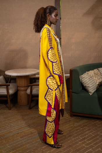 Shop Saim Yellow Silk Mandarin Collar Amoeba Fringed Kurta And Trouser Set Online at Aza Fashions Shop_Saim_Yellow Silk Mandarin Collar Amoeba Fringed Kurta And Trouser Set _Online_at_Aza_Fashions