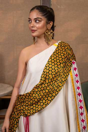 Saim_Off White Silk, Satin One Shoulder Cross Draped Dress With Skirt _Online_at_Aza_Fashions