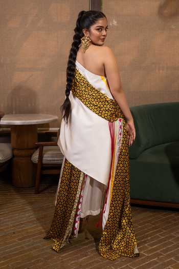 Buy_Saim_Off White Silk, Satin One Shoulder Cross Draped Dress With Skirt _Online_at_Aza_Fashions