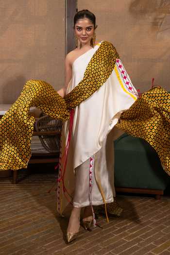 Shop_Saim_Off White Silk, Satin One Shoulder Cross Draped Dress With Skirt _Online_at_Aza_Fashions