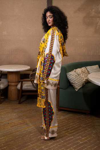 Shop Saim Yellow Silk, Satin, Dupion Plunge Neck Tassel Drape Jacket And Trouser Set Online at Aza Fashions Shop_Saim_Yellow Silk, Satin, Dupion Plunge Neck Tassel Drape Jacket And Trouser Set _Online_at_Aza_Fashions
