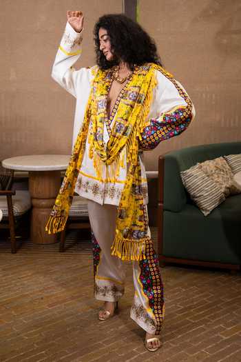 Saim Yellow Silk, Satin, Dupion Plunge Neck Tassel Drape Jacket And Trouser Set at Aza Fashions Saim_Yellow Silk, Satin, Dupion Plunge Neck Tassel Drape Jacket And Trouser Set _at_Aza_Fashions