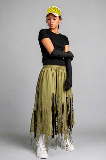 Shop Saim Green Cotton Cut Out Fringed Skirt at Aza Fashions Shop_Saim_Green Cotton Cut Out Fringed Skirt _at_Aza_Fashions