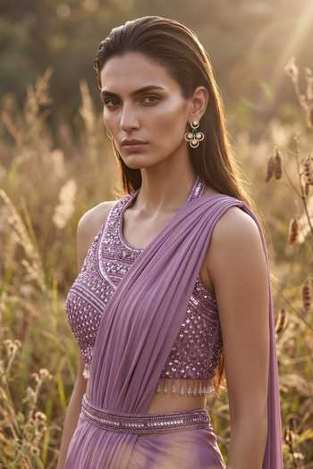 Basanti Kapde aur Koffee_Purple Scoop Neck Sequins Embroidered Draped Saree Set _Online_at_Aza_Fashions