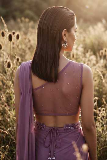 Buy_Basanti Kapde aur Koffee_Purple Scoop Neck Sequins Embroidered Draped Saree Set _Online_at_Aza_Fashions