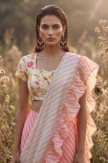 Buy Basanti Kapde aur Koffee Yellow Georgette Square Neck Striped Draped Saree Online at Aza Fashions Buy_Basanti Kapde aur Koffee_Yellow Georgette Square Neck Striped Draped Saree _Online_at_Aza_Fashions