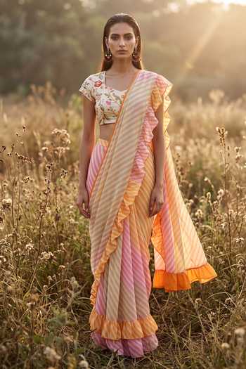 Basanti Kapde aur Koffee Georgette Striped Draped Saree