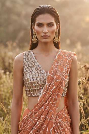 Basanti Kapde aur Koffee Orange Organza V-neck Rust Draped Saree Set Online at Aza Fashions Basanti Kapde aur Koffee_Orange Organza V-neck Rust Draped Saree Set _Online_at_Aza_Fashions