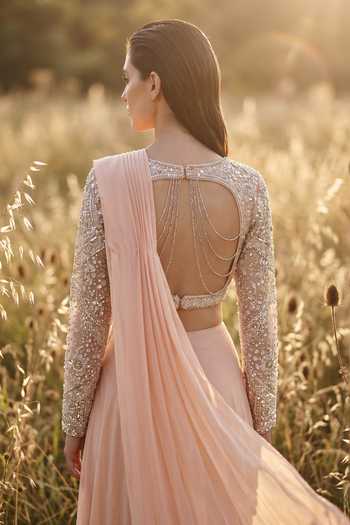 Basanti Kapde aur Koffee Peach V-neck Sequins Work Blouse And Draped Saree Set Online at Aza Fashions Basanti Kapde aur Koffee_Peach V-neck Sequins Work Blouse And Draped Saree Set _Online_at_Aza_Fashions