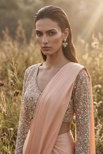 Buy Basanti Kapde aur Koffee Peach V-neck Sequins Work Blouse And Draped Saree Set Online at Aza Fashions Buy_Basanti Kapde aur Koffee_Peach V-neck Sequins Work Blouse And Draped Saree Set _Online_at_Aza_Fashions