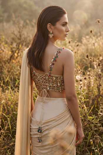 Buy Basanti Kapde aur Koffee Gold Sweetheart Neck Draped Saree And Embroidered Blouse Set Online at Aza Fashions Buy_Basanti Kapde aur Koffee_Gold Sweetheart Neck Draped Saree And Embroidered Blouse Set _Online_at_Aza_Fashions