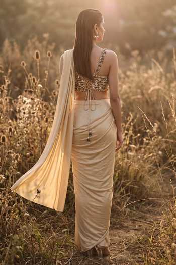 Basanti Kapde aur Koffee Draped Saree & Embroidered Blouse Set