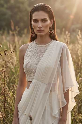 Buy_Basanti Kapde aur Koffee_Ivory Organza Halter Neck Ruffle Draped Saree And Blouse Set _Online_at_Aza_Fashions