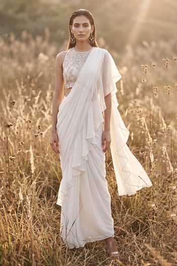 Basanti Kapde aur Koffee Organza Ruffle Draped Saree And Blouse Set