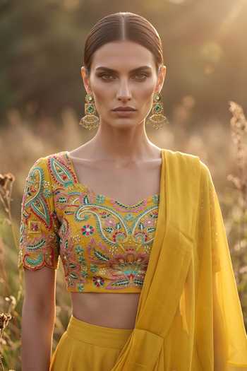 Basanti Kapde aur Koffee Mustard Chinon Sweetheart Neck Ruffle Draped Saree Set Online at Aza Fashions Basanti Kapde aur Koffee_Mustard Chinon Sweetheart Neck Ruffle Draped Saree Set _Online_at_Aza_Fashions