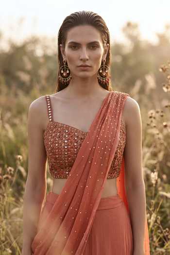 Basanti Kapde aur Koffee Rust Chinon Sweetheart Neck Draped Sharara Saree Set Online at Aza Fashions Basanti Kapde aur Koffee_Rust Chinon Sweetheart Neck Draped Sharara Saree Set _Online_at_Aza_Fashions